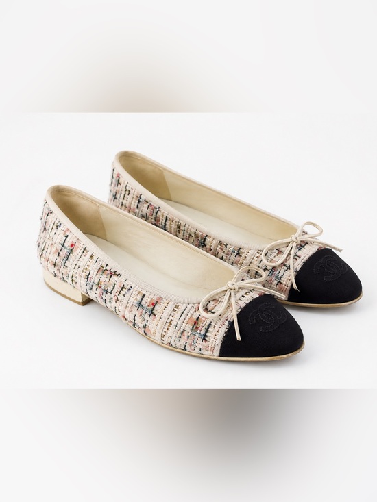 CHANEL Shoes - CHANEL Cream Multicolor Tweed Flats with Black Cap Toe